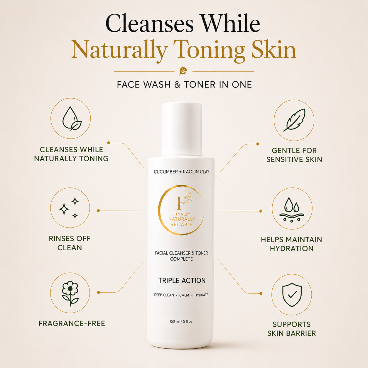 Natural Face Wash & Toner for Sensitive Skin | Cucumber + Kaolin Clay