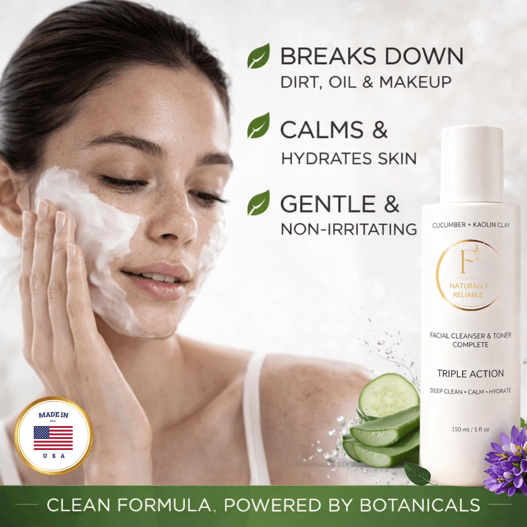 *New* Dual Action Natural Face Wash & Toner | Cucumber + Kaolin Clay - Finally All Natural
